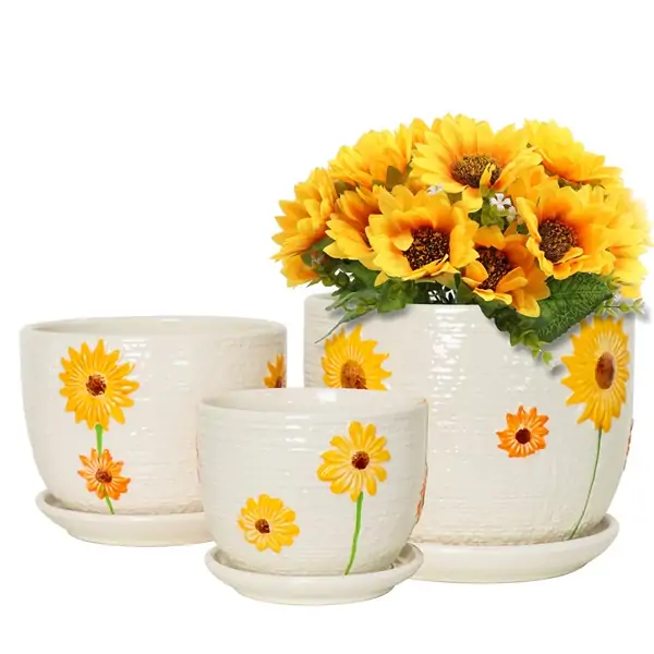set of hand-painted Sunflower plant pots