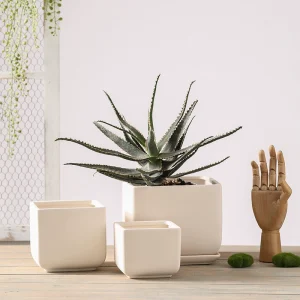 Simple breathable tall square unglazed clay flower pot with tray (3)