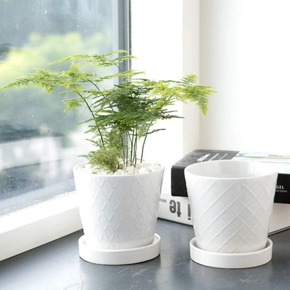 Modern Patterned White Glazed Ceramic Flower Pots (5)