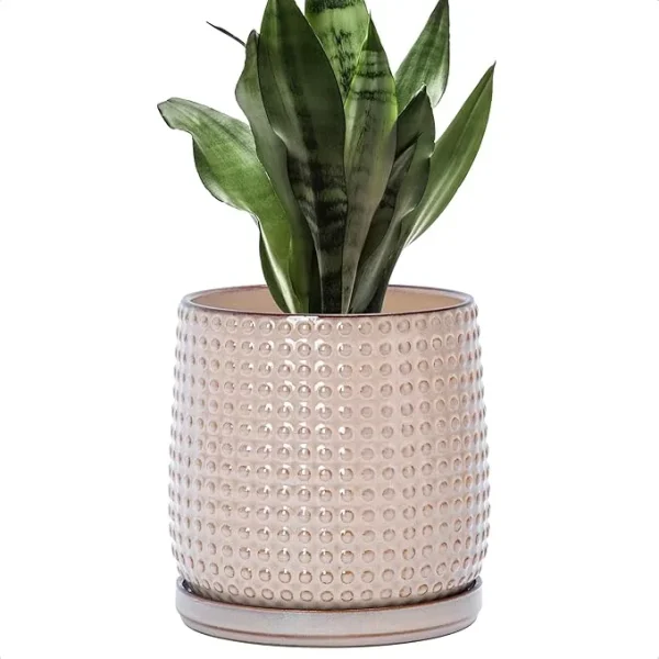 Modern Beige Textured Ceramic Flower Pot – Wholesale Patterned Indoor Planter with Drainage (1)