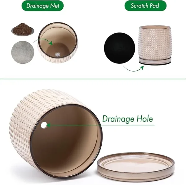 Modern Beige Textured Ceramic Flower Pot – Wholesale Patterned Indoor Planter with Drainage (7)