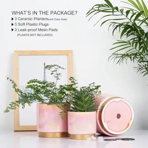 Pink Iridescent Ceramic Planter Set – Gradient Glaze Wholesale Pots with Gold Base (7)