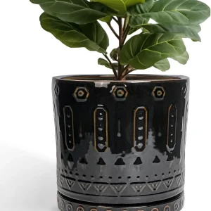 Wholesale Black Pattern Ceramic Flower Pot – Glazed Tribal-Inspired Decorative Planter (1)