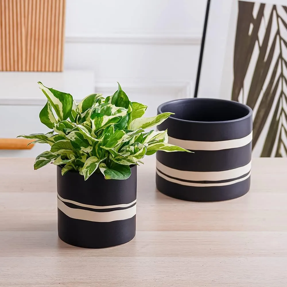 Wholesale Black Ceramic Flower Pot – Modern White Stripe Planter