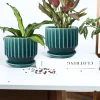 Wholesale Ribbed Ceramic Flower Pot – Teal Glazed Planter