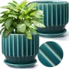 Wholesale Ribbed Ceramic Flower Pot – Teal Glazed Planter