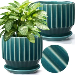 Wholesale Ribbed Ceramic Flower Pot – Teal Glazed Planter