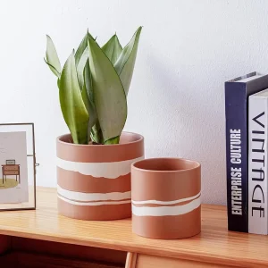 Wholesale Terracotta Ceramic Flower Pot – Modern White Stripe Planter