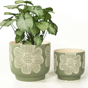 Wholesale Green Ceramic Flower Pot – Embossed White Floral Design Planter