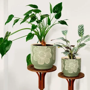 Wholesale Green Ceramic Flower Pot – Embossed White Floral Design Planter