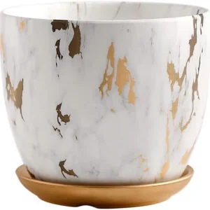 Wholesale Marble Ceramic Flower Pot – White and Gold Glazed Planter with Drainage Tray