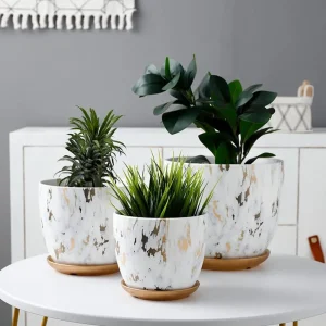 Wholesale Marble Ceramic Flower Pot – White and Gold Glazed Planter with Drainage Tray