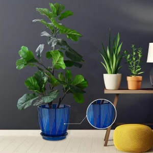 Deep Blue Ceramic Flower Pot with Saucer for Wholesale