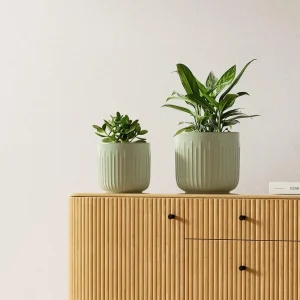 Mint Green Ribbed Ceramic Planter Set for Wholesale
