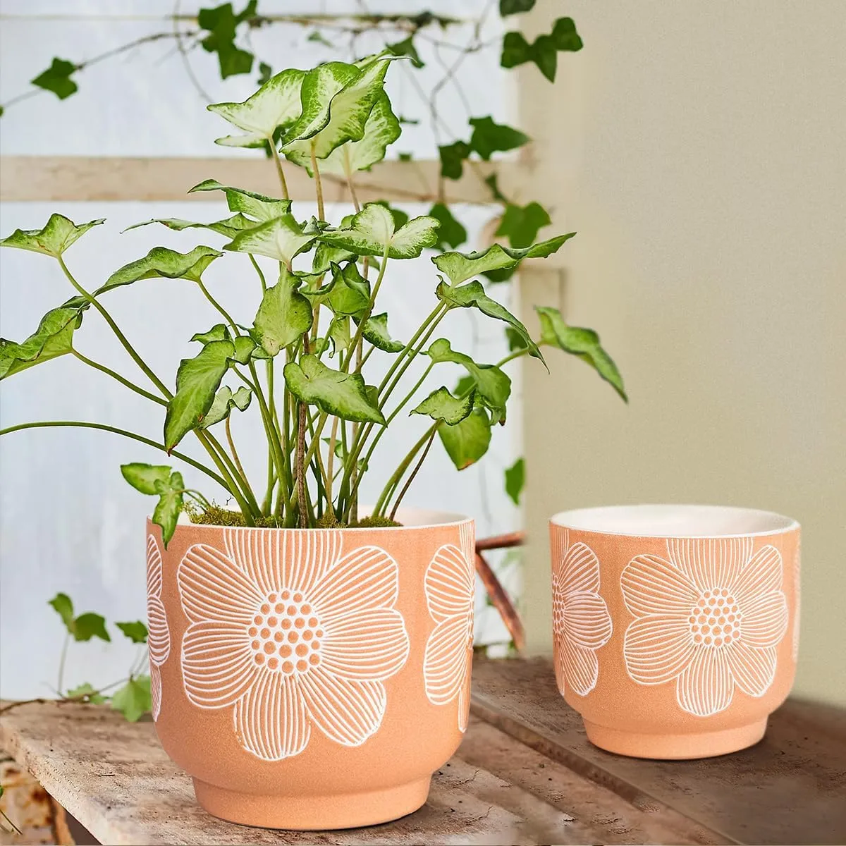 Small Orange Floral Ceramic Planter Set for Wholesale