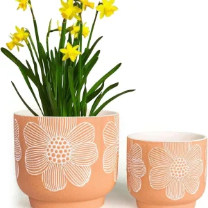 Small Orange Floral Ceramic Planter Set for Wholesale