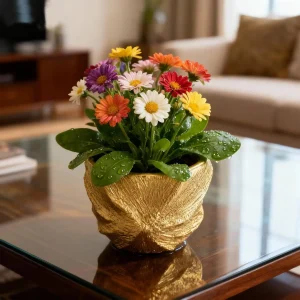 Golden Textured Ceramic Planter for Modern Home Decor