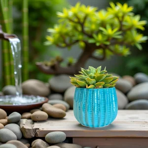 Turquoise Ribbed Ceramic Planter - Glaze Collection Wholesale
