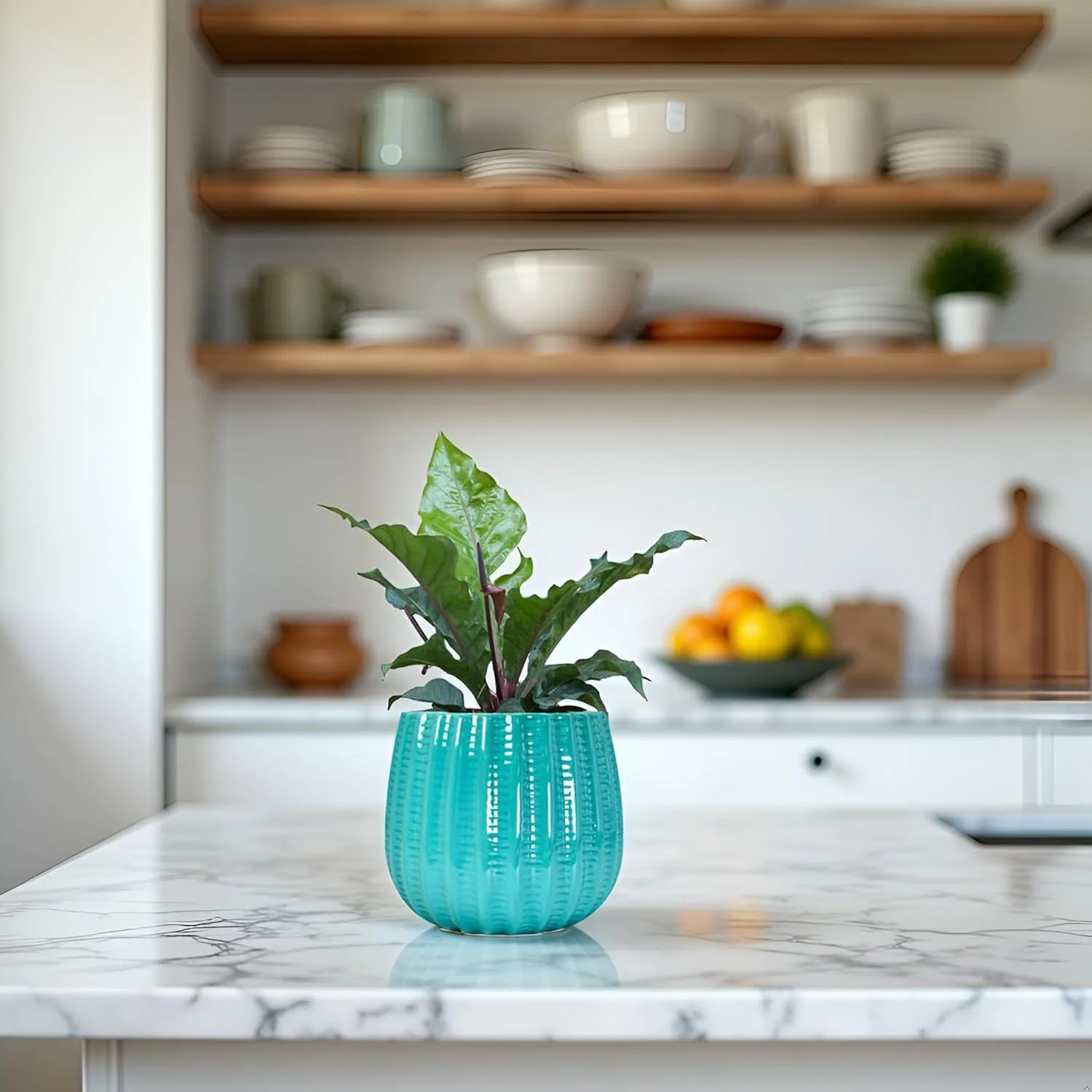 Turquoise Ribbed Ceramic Planter - Glaze Collection Wholesale