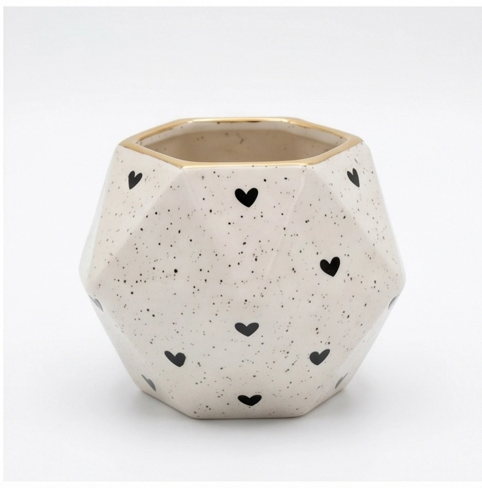 Wholesale Speckled Heart Ceramic Flower Pot with Gold Rim (1) Wholesale Speckled Heart Ceramic Flower Pot with Gold Rim