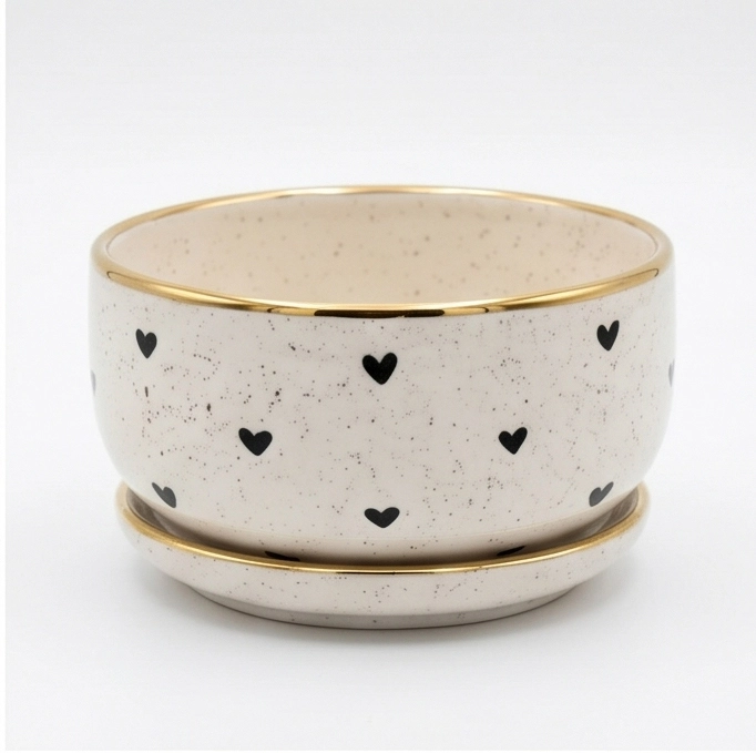 Wholesale Speckled Heart Ceramic Flower Pot with Gold Rim (2) Wholesale Speckled Heart Ceramic Flower Pot with Gold Rim